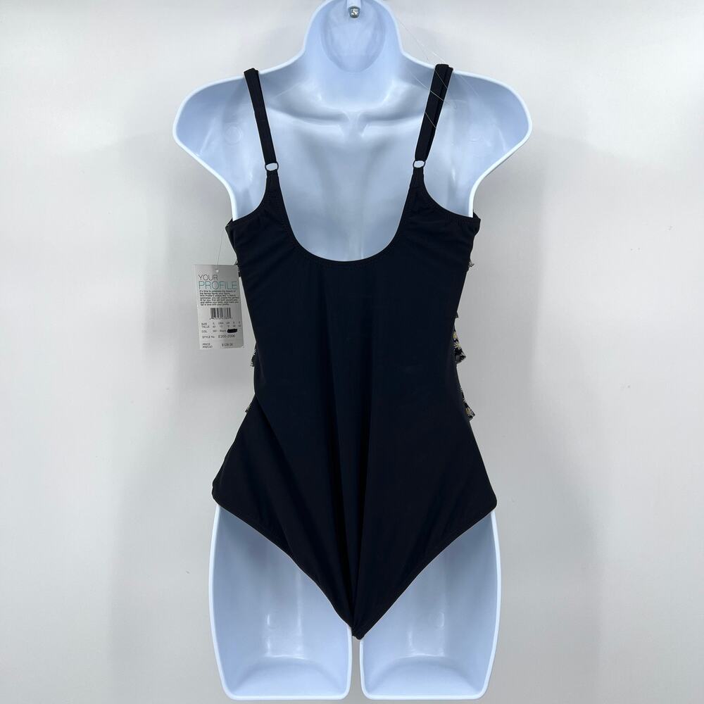 PROFILE BY GOTTEX One Piece Swimsuit Women 10 Black Daisy Ruffle Scoop Neck New - Picture 3 of 12
